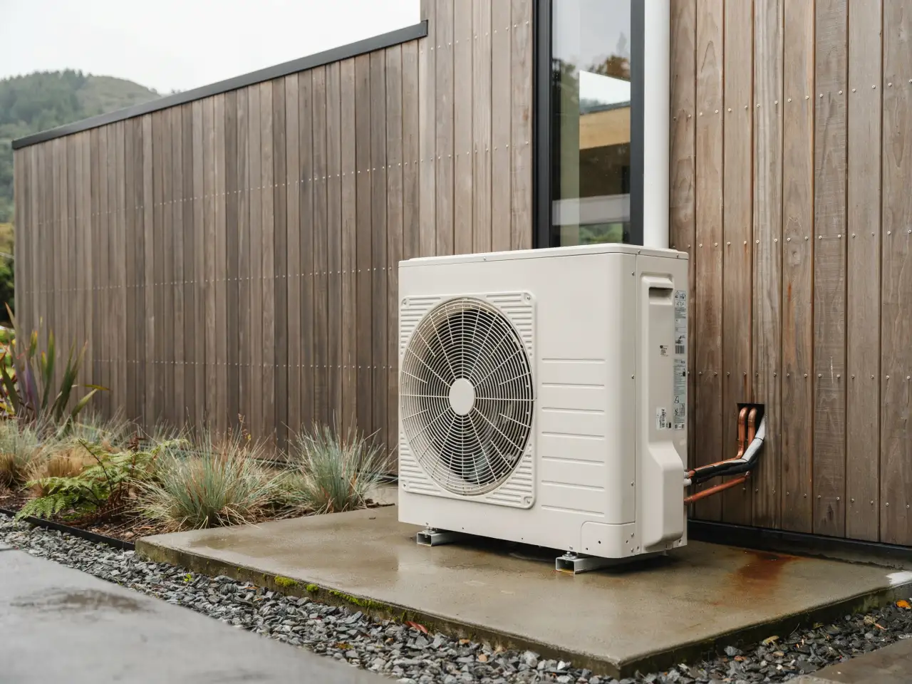 Heat pump outdoor unit on a Rotorua home